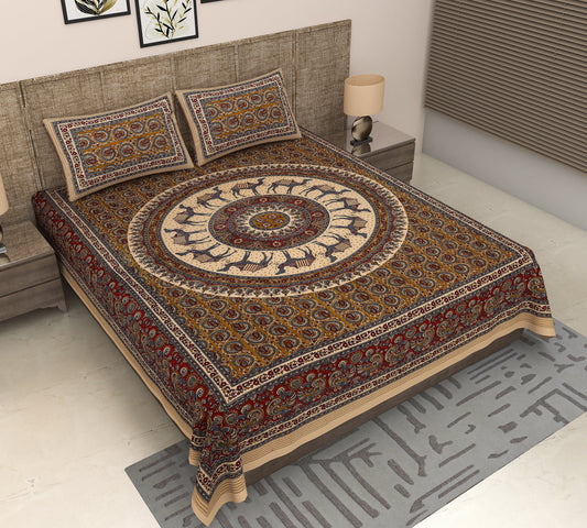 Sunset Serenade: King Size Jaipuri Bagru Bedsheet with Camel and Peacock Floral Prints in Yellowish Orange