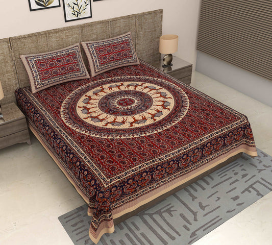 Jaipuri Bagru Majesty: King Size Red Cotton Bedsheet with Camel and Peacock Floral Print