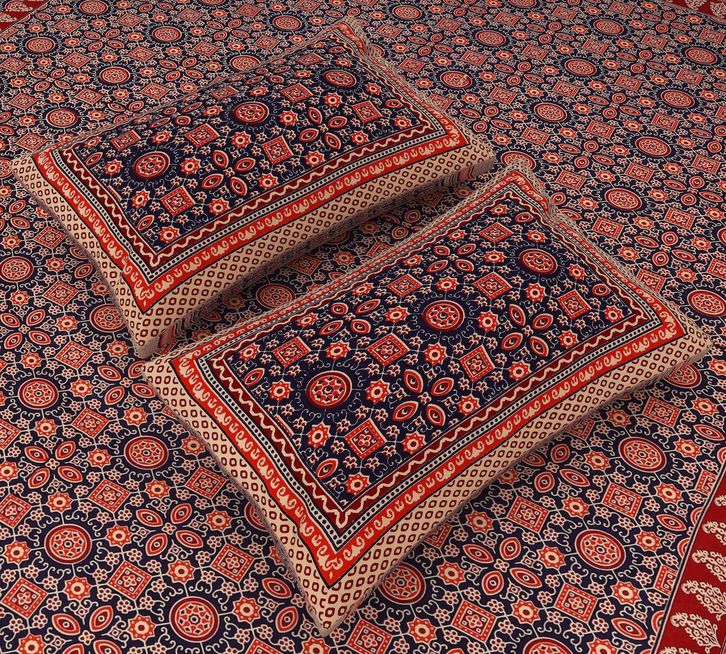 Srishti Textile Ajrakh Geometric Print Bedsheet Set Bedsheet ajrakh-geometric-print-bedsheet-close-up-pillow-detail