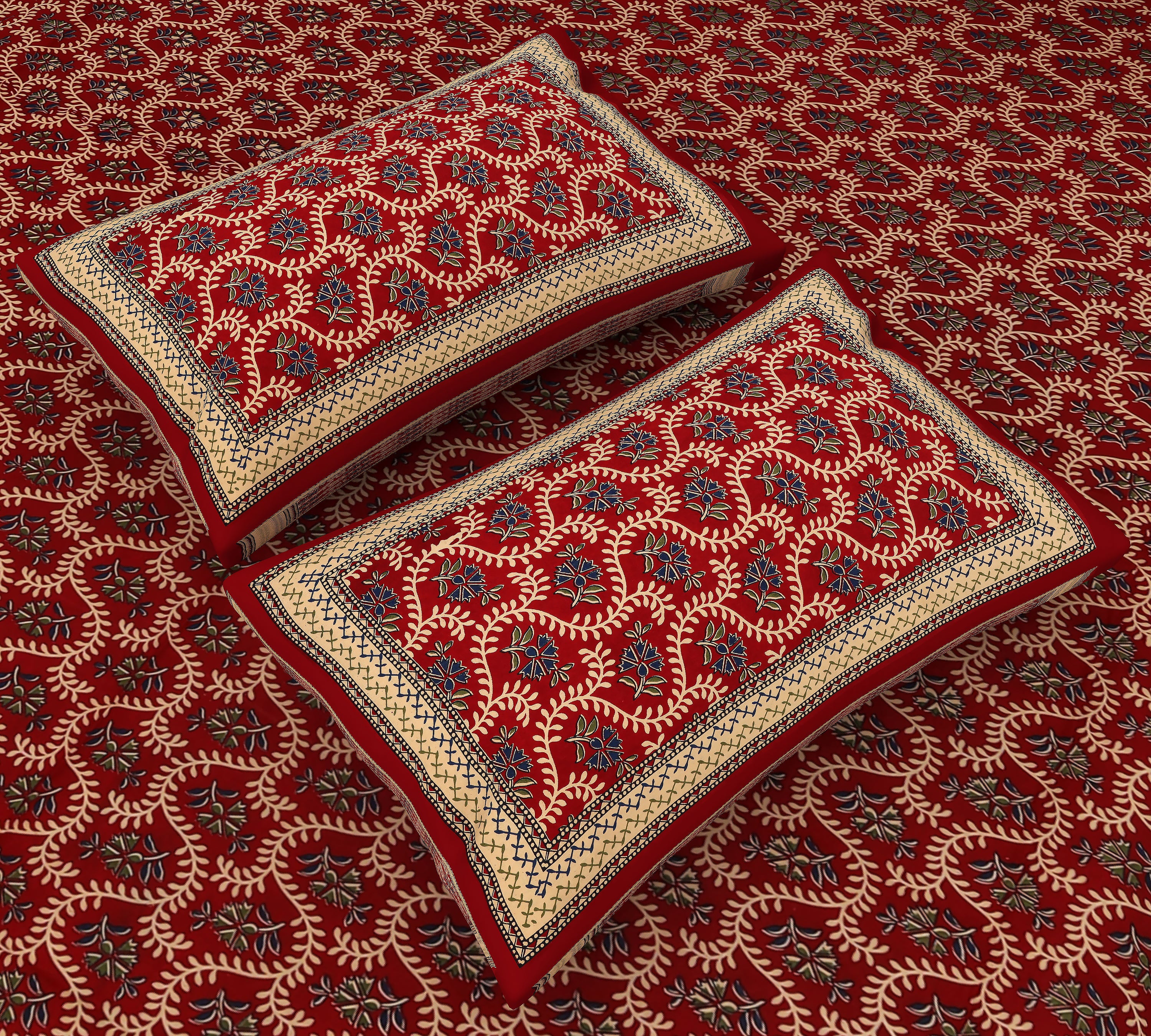 Jaipuri Sanganeri Splendor: Red King Size Floral Printed Cotton Bedsheet