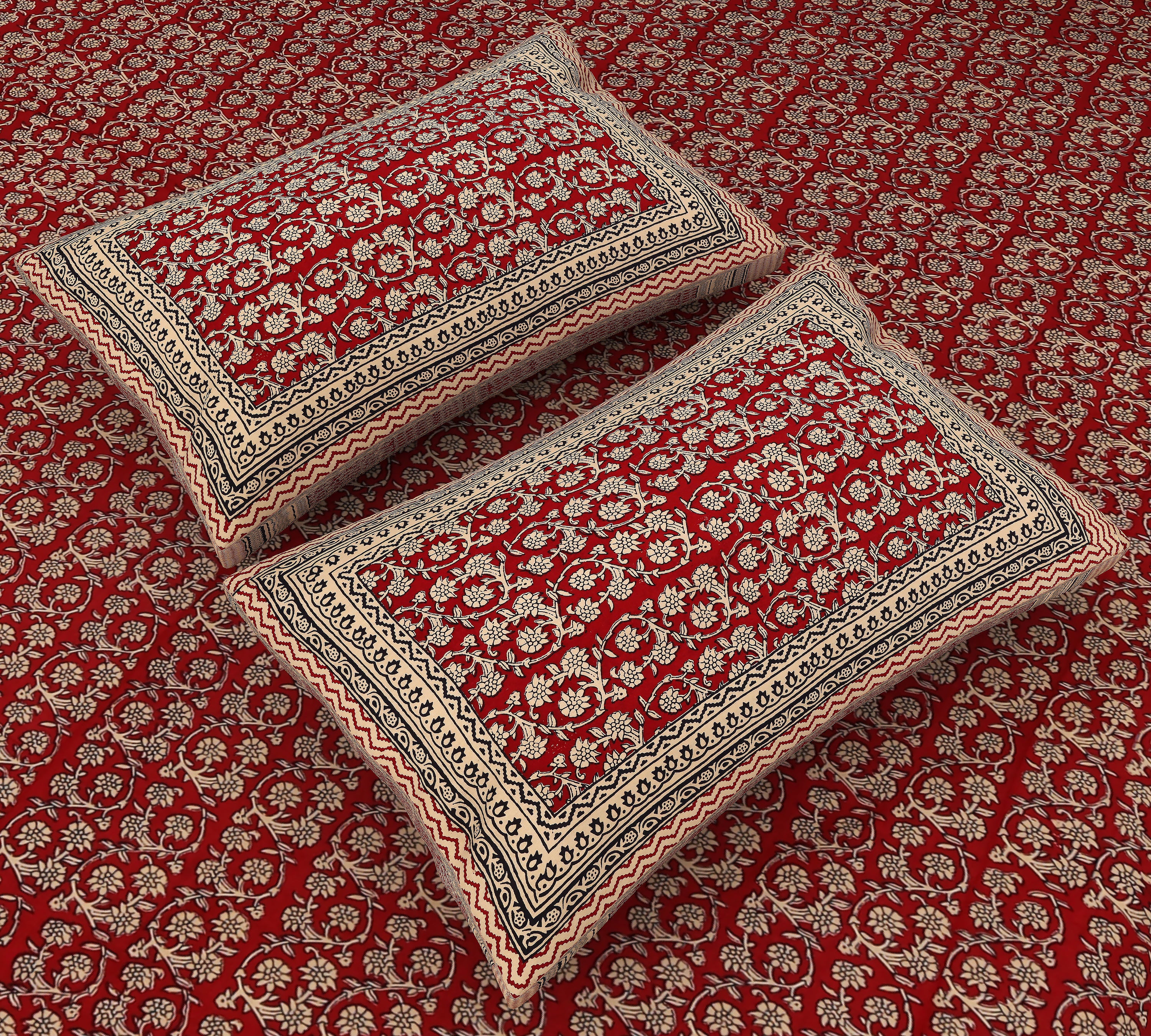 Jaipuri Sanganeri Splendor: King Size Red Cotton Bedsheet with Kalamkari Floral Print