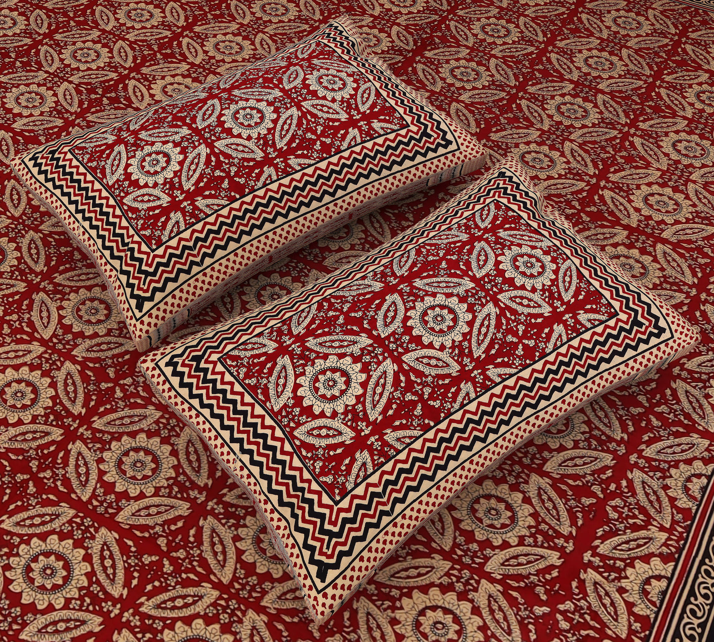 Sanganeri Symphony: King Size Ajrakh Geometric Printed Bedsheet in Red Cotton