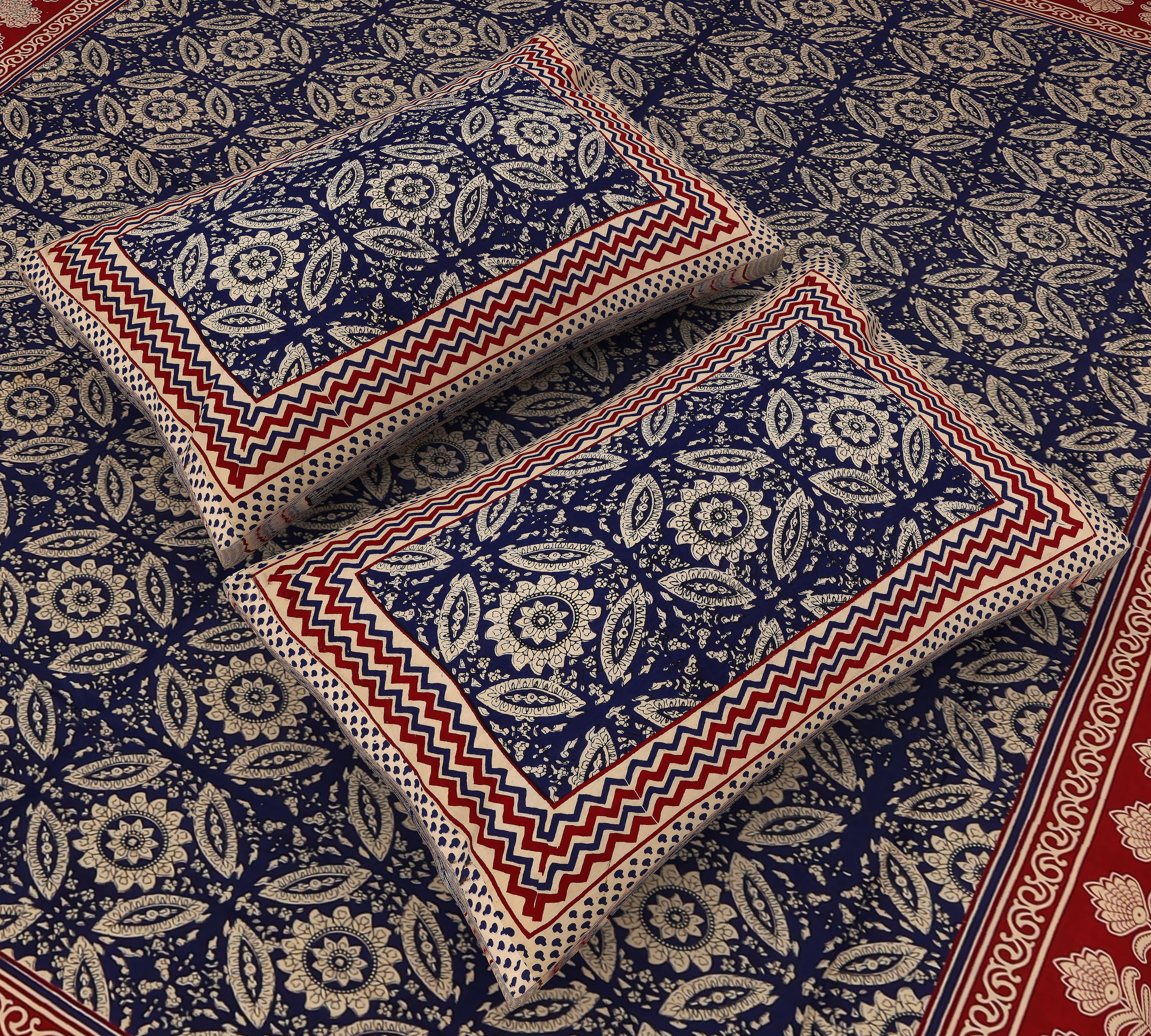 Jaipuri Sapphire: King Size Ajrakh Geometric Printed Bedsheet in Sanganeri Style