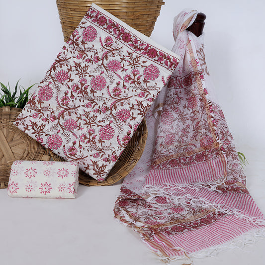 Srishti Textile Unstitched Suit with Bagru Floral Handblock Print Unstiched cotton Suit Dress Material With Kota Doria Dupatta bagru-floral-handblock-print-fabric-pink-white-textile