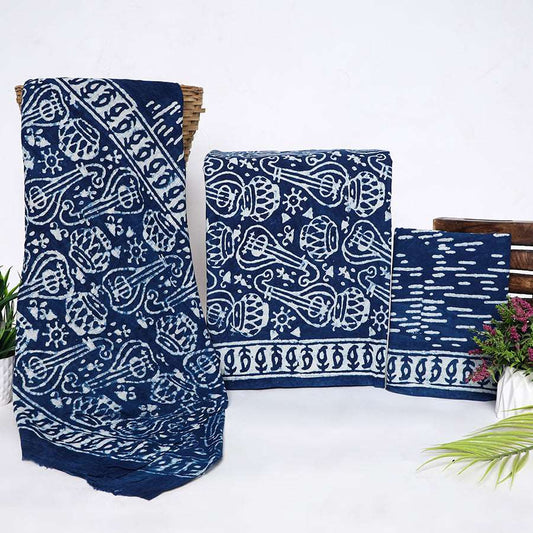 Srishti Textile Unstitched Cotton Suit with Bagru Print Mulmul Dupatta Unstiched cotton Suit Dress Material bagru-print-mulmul-dupatta-navy-blue-handcrafted-design