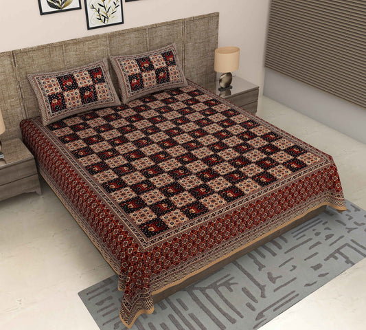 Srishti Textile Bagru Printed Cotton Bedsheet Set Bedsheet bagru-printed-cotton-bedsheet-checkered-design-with-pillowcases