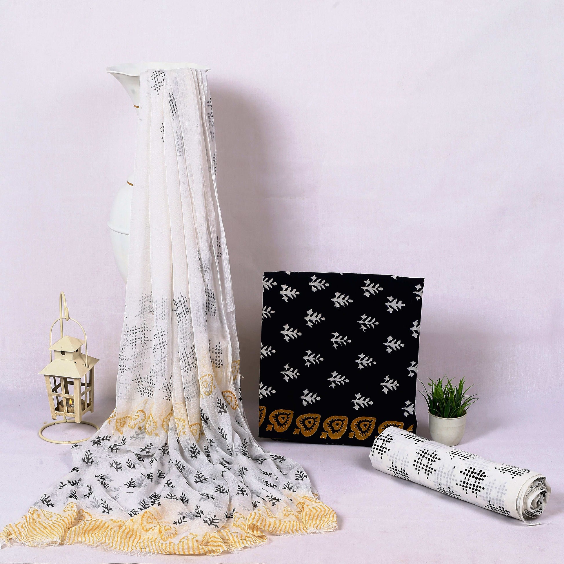 Srishti Textile Black and White Dress Material Unstitched Unstiched cotton Suit Dress Material black-and-white-dress-material-printed-saree-with-golden-border-_1