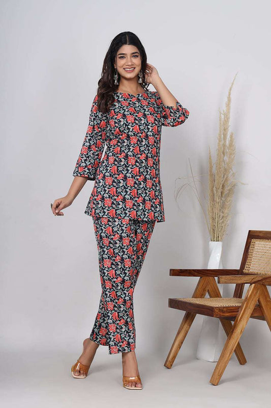 Srishti Textile Black Floral Co-ord Set for Women Cord Set black-floral-co-ord-set-model-posing-full-view-_1