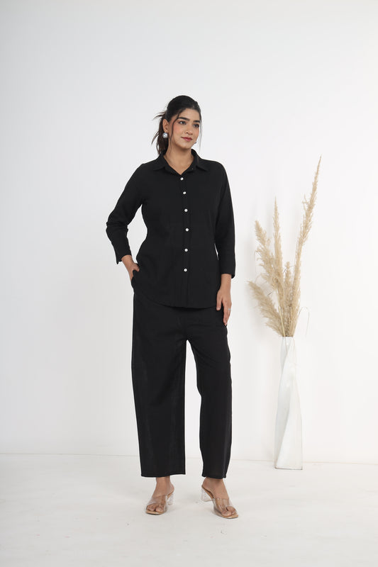 Black Khadi Co-ord Set by Srishti Textile Cord Set black-khadi-co-ord-set-casual-shirt-pants