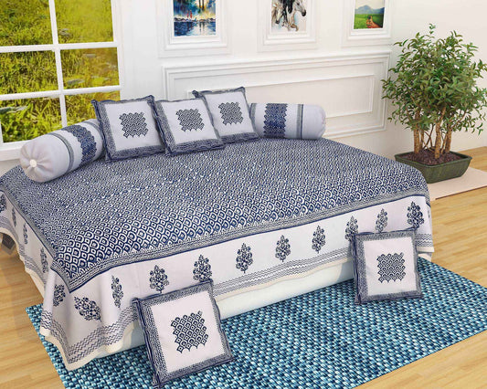 Srishti Textile Blue Ajrakh Diwan Set for Elegant Decor Diwan Set blue-ajrakh-diwan-set-cotton-bedspread-pillows-decorative