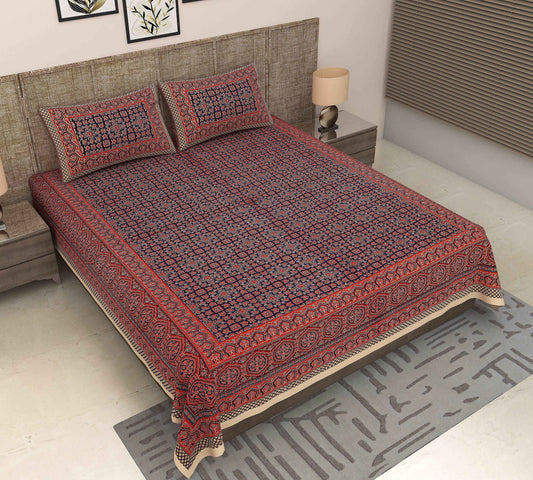 Srishti Textile Blue Geometric Bedsheet for Modern Homes Bedsheet blue-geometric-bedsheet-red-pattern-complete-set