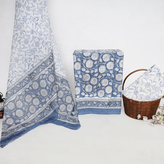 Srishti Textile Blue Unstitched Cotton Suit - Handblock Printed Sanganeri Handblock Printed Suits blue-unstitched-cotton-suit-floral-pattern-light-weight