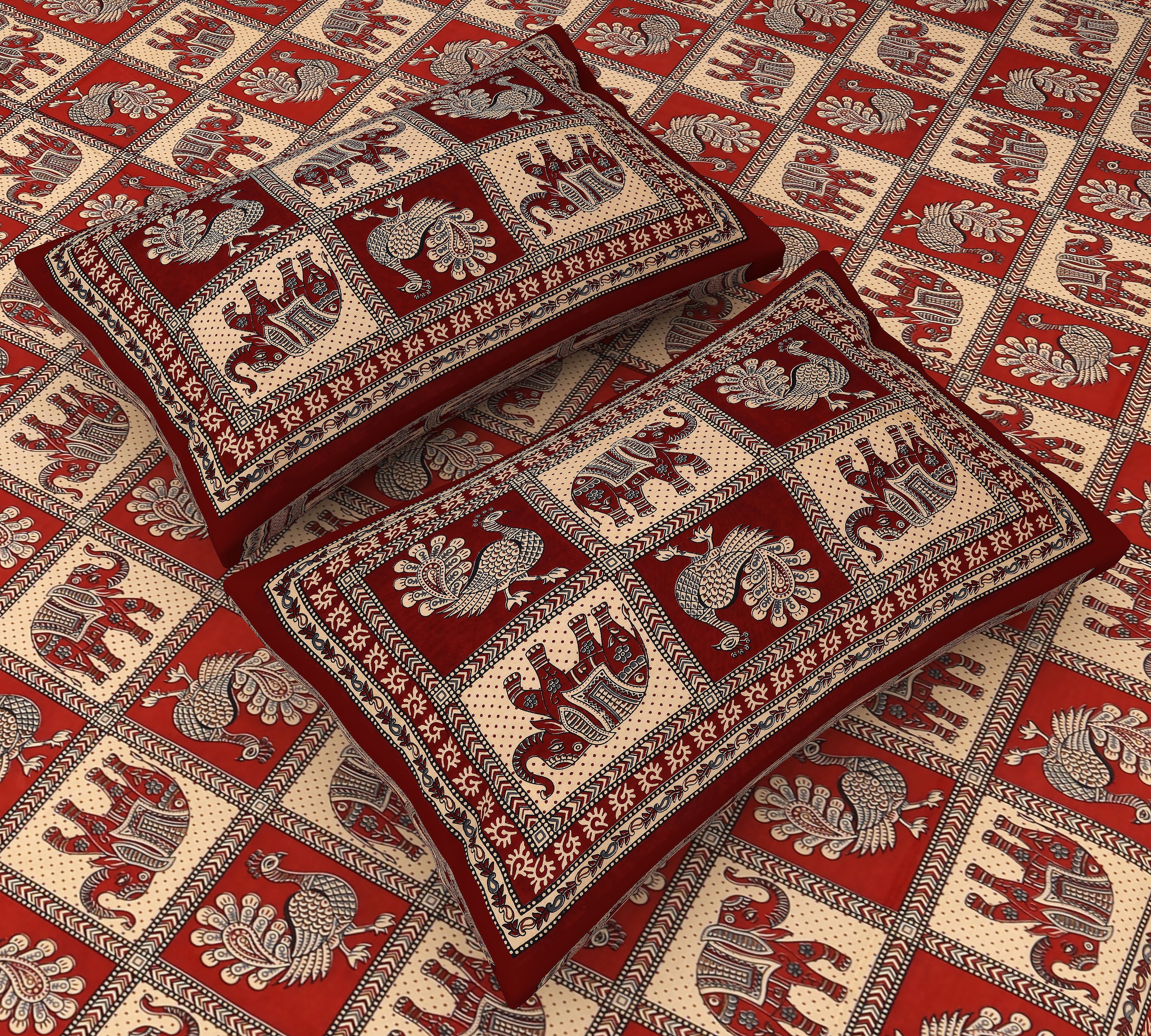 Royal Jaipuri Chokda: King Size Bedsheet with Elephant & Peacock Print in Vibrant Red