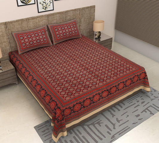 Ruby Geometry: King Size Ajrakh Printed Cotton Bedsheet in Red