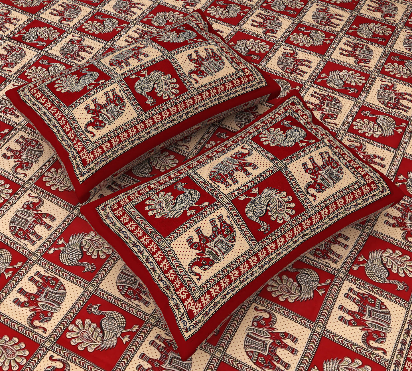 Royal Safari: Jaipuri Chokda King Size Bedsheet in Red with Elephant and Peacock Print