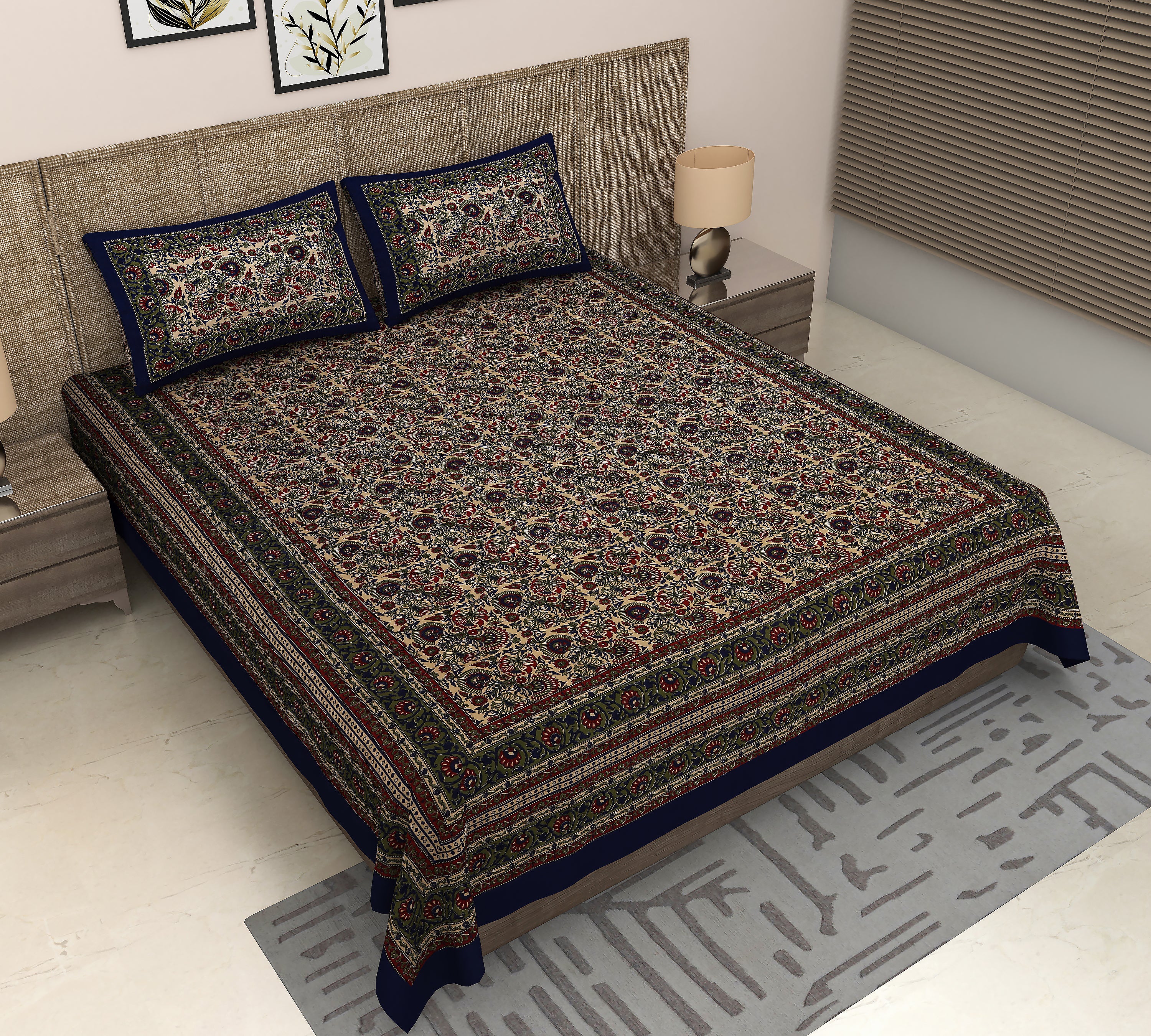 Jaipuri Symphony: Multicolor King Size Cotton Bedsheet with Floral Kalamkari Print