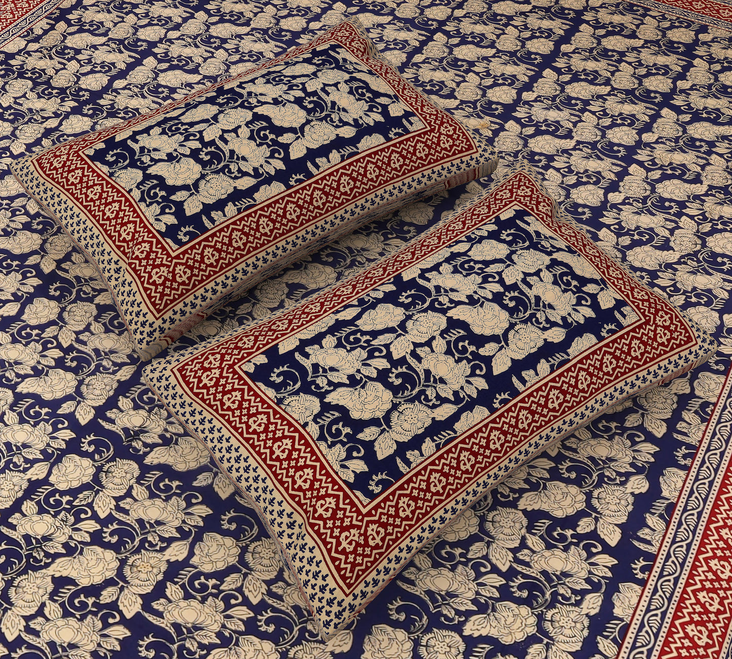 Jaipuri Kalamkari Floral Printed Blue Color King Size Bedsheet