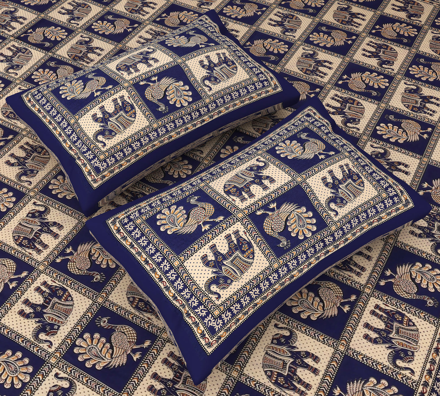 Peacock Parade: Jaipuri Chokda Printed King Size Bedsheet in Majestic Blue