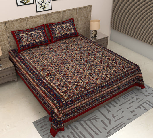 Jaipuri Heritage: Red and Blue King Size Cotton Bedsheet with Floral Kalamkari Print