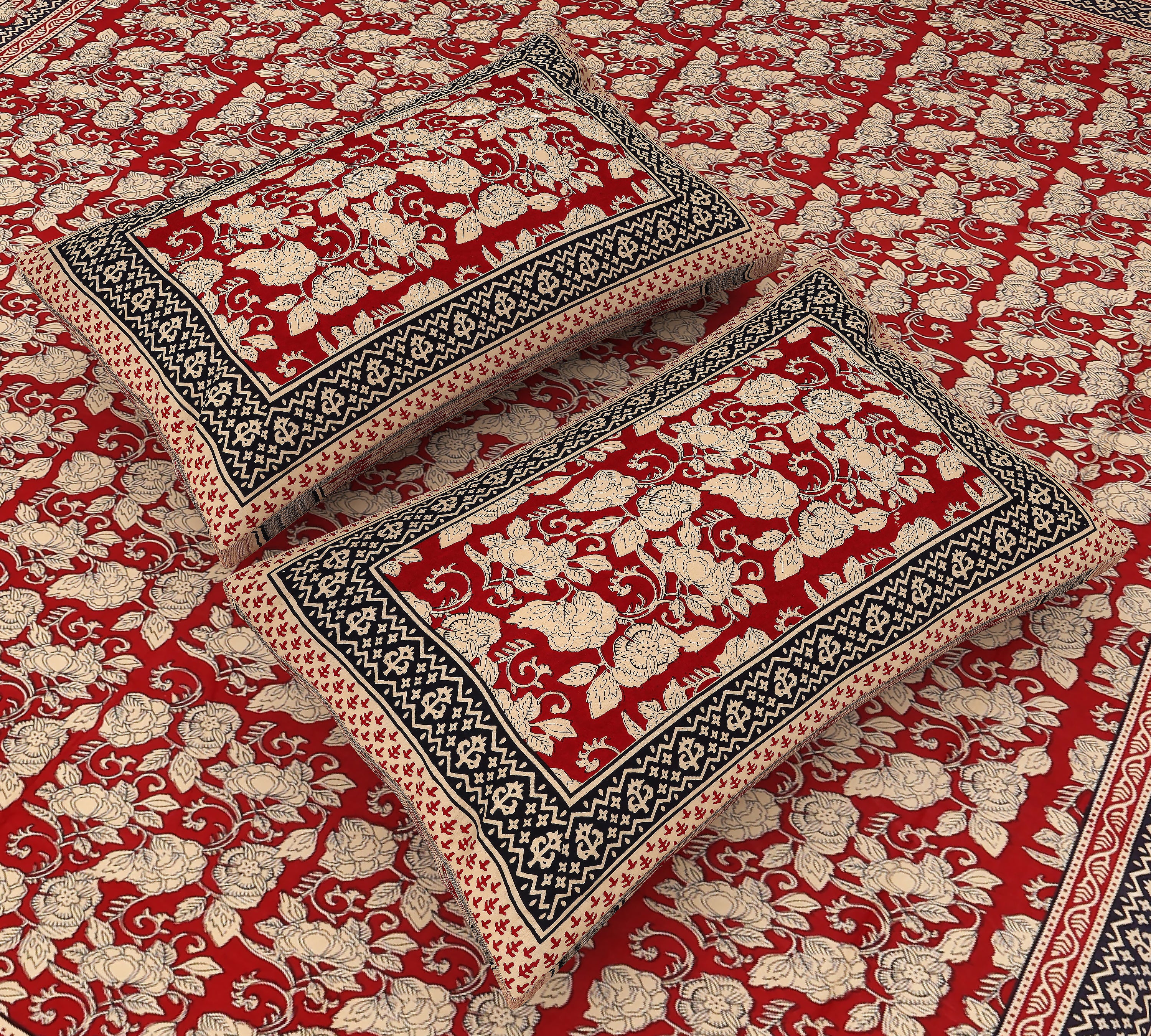 Maroon color Jaipuri Kalamkari Printed King Size Bedsheet