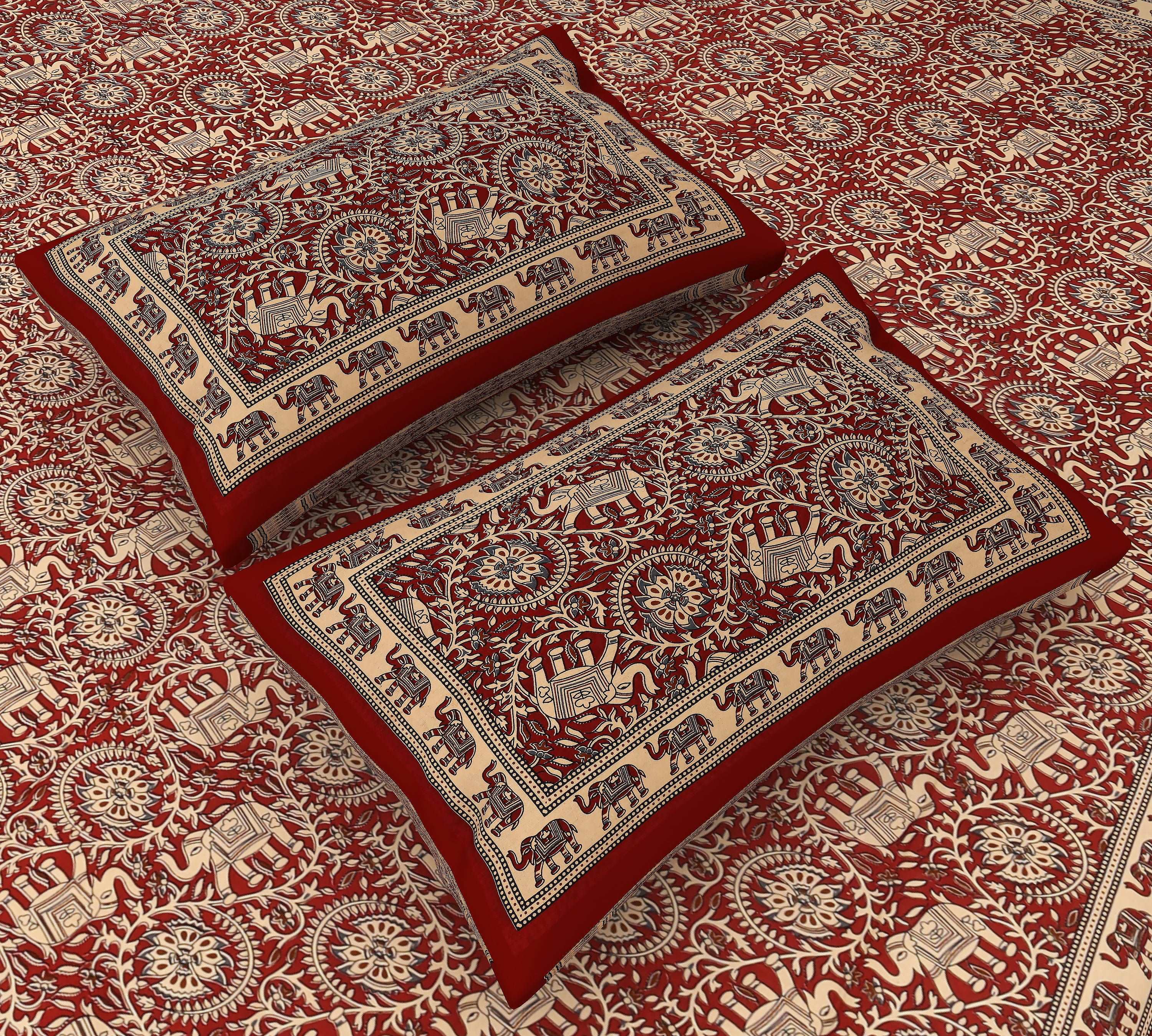 Jaipuri Elephant Parade: King Size Cotton Bedsheet with Maroon Geometric Print