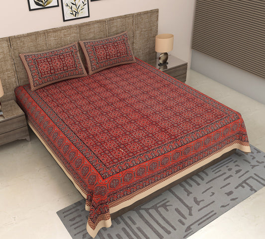 Jaipuri Geometry: Red King Size Bedsheet with Ajrakh Geometric Print