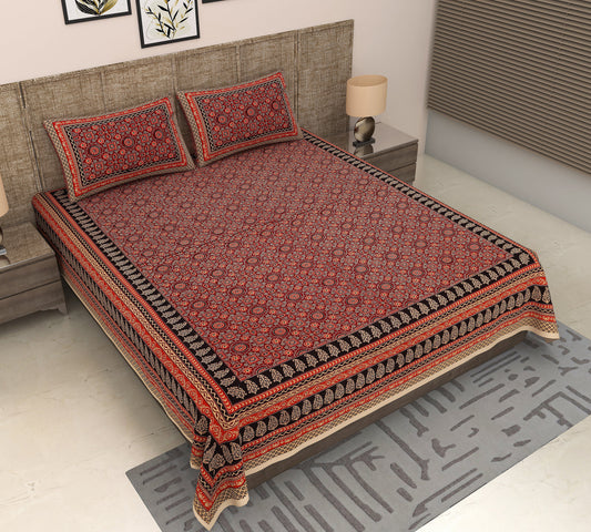 Maroon Mirage: King Size Ajrakh Printed Cotton Bedsheet with Geometric Design