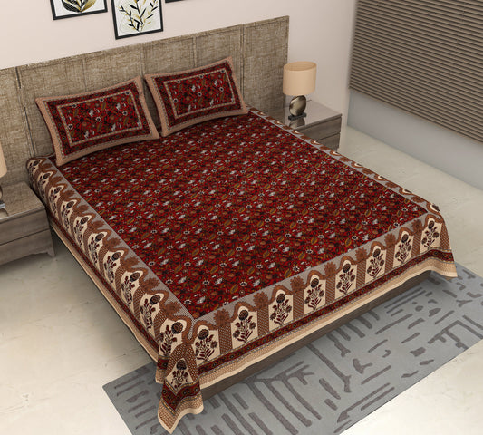 Royal Red Blossom: Jaipuri King Size Cotton Bedsheet with Kalamkari Floral Print