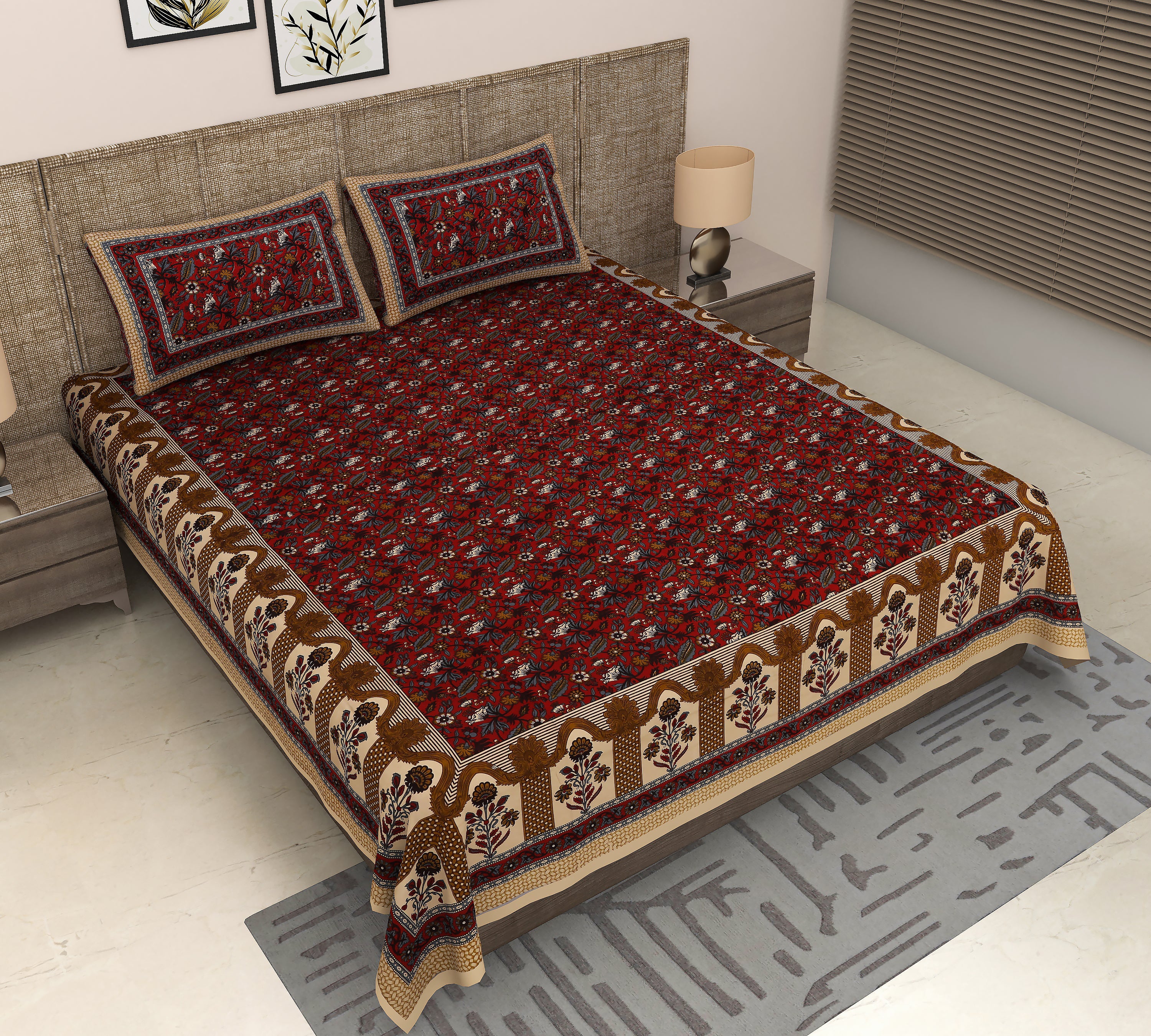 Royal Maroon Garden: King Size Cotton Bedsheet with Jaipuri Kalamkari Floral Print