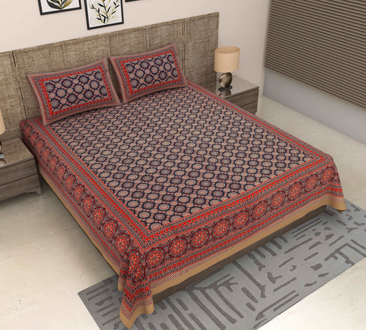 Jaipuri Azure: Geometric Ajrakh Printed King Size Cotton Bedsheet