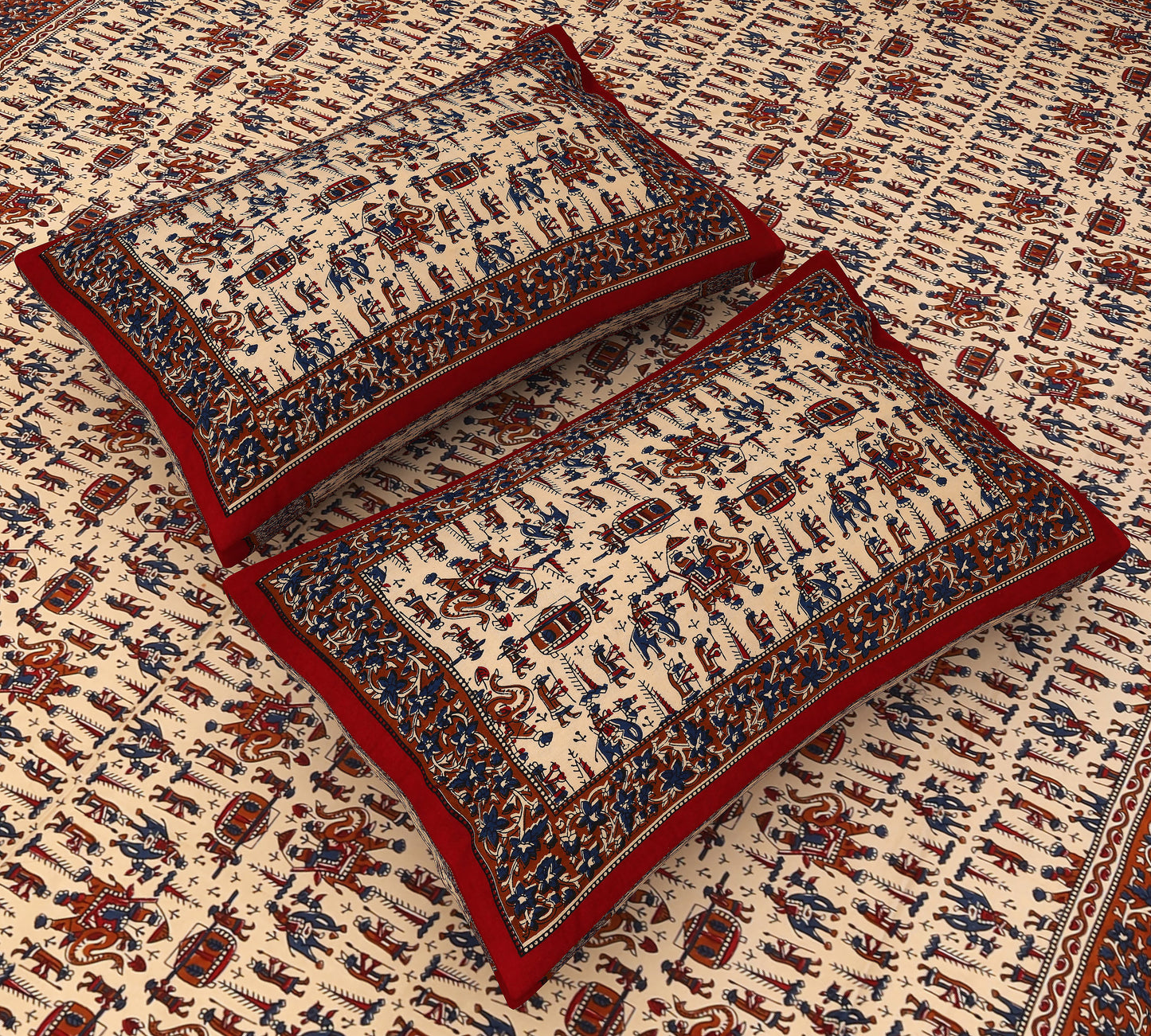 Regal Dreams: King Size Maroon Bedsheet with Tribal Human & Animal Prints