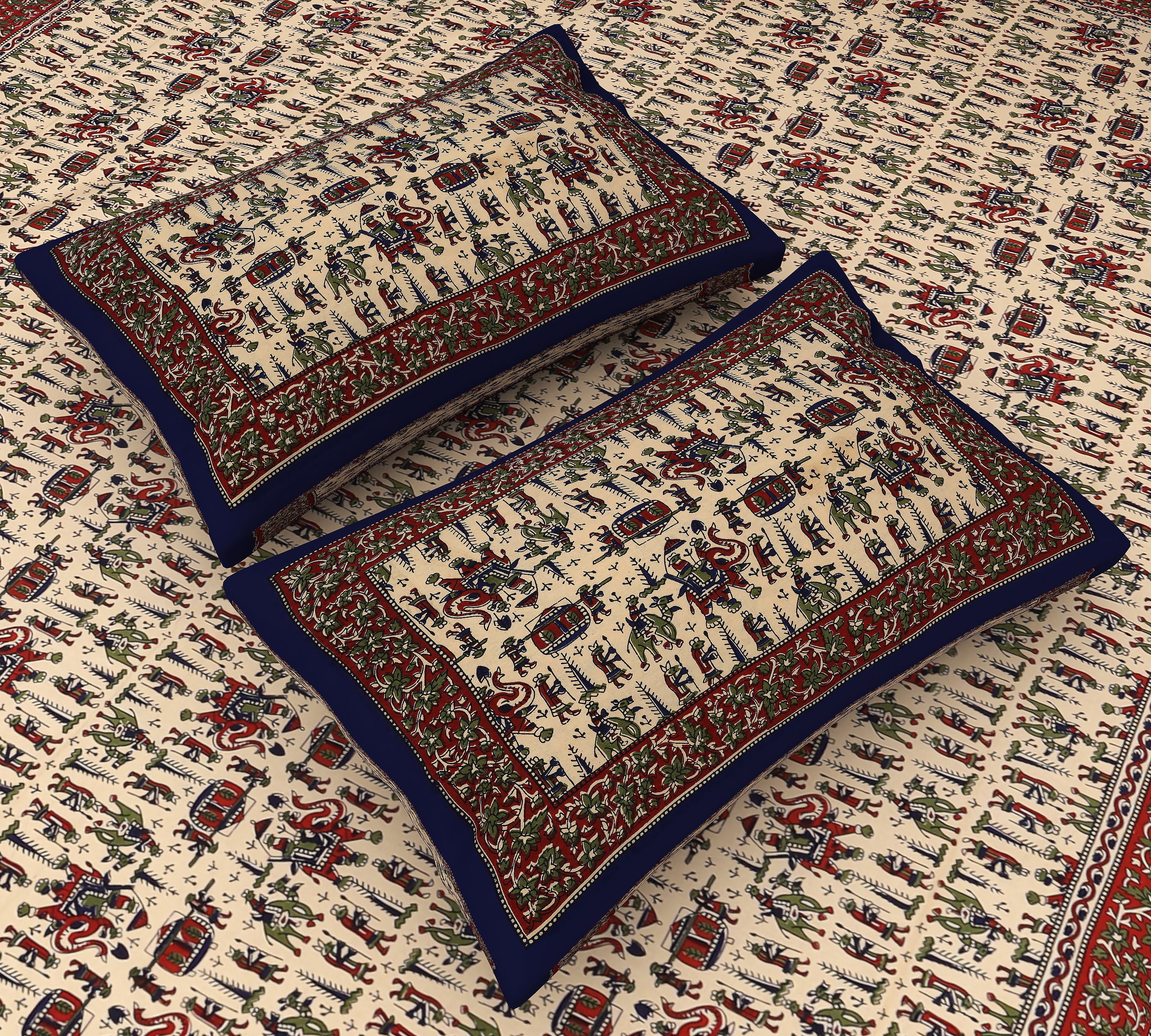 Royal Blue King Size Bedsheet with Traditional Tribal Animal and Human Prints