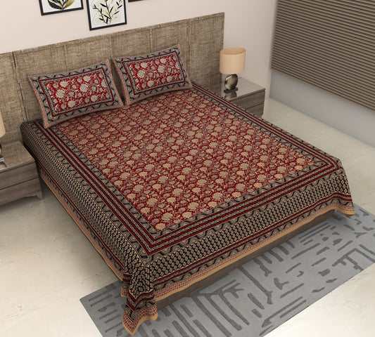 Jaipuri Red Blooms: King Size Cotton Bedsheet with Floral Kalamkari Print