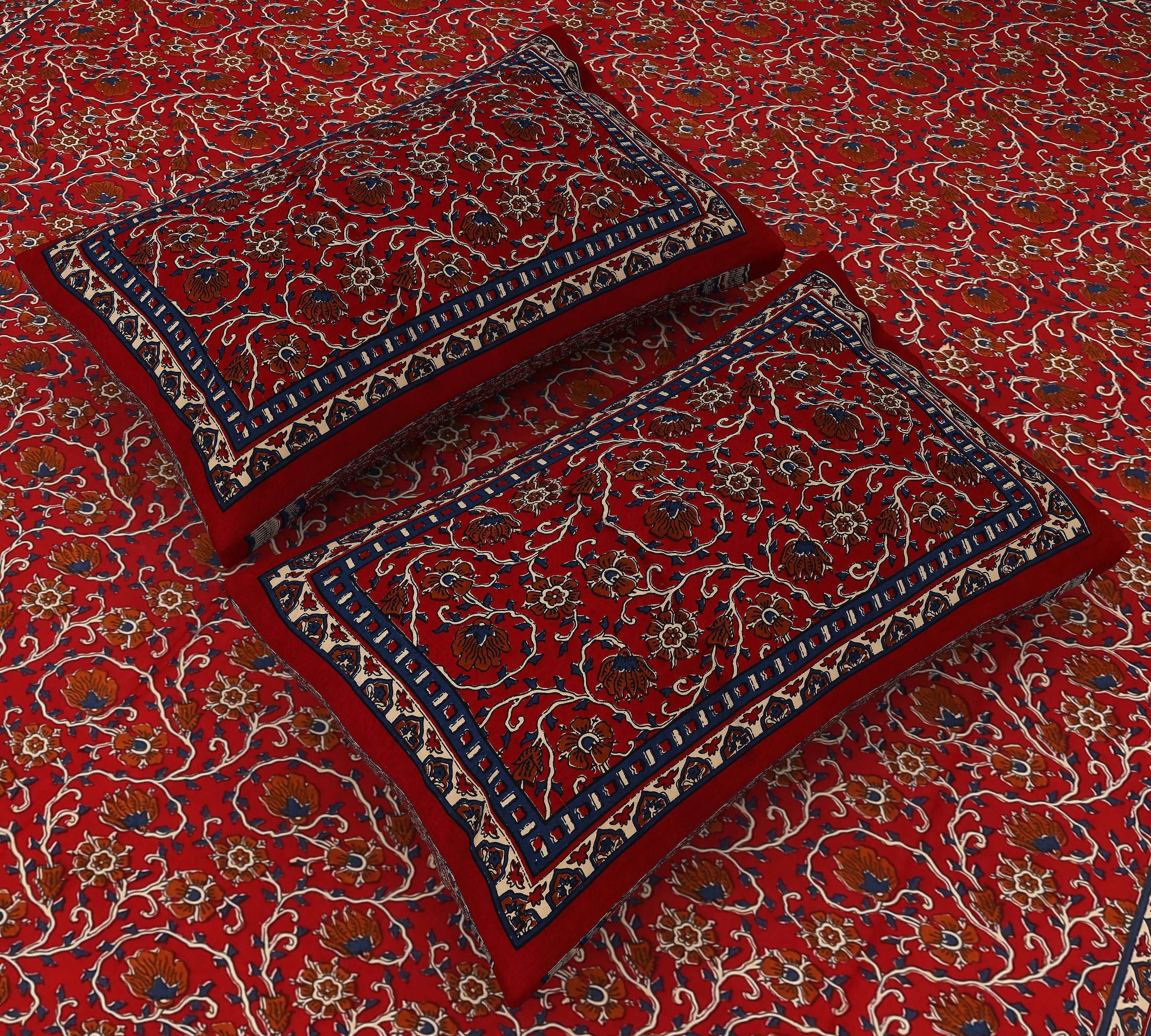 Jaipuri Blooms: King Size Red Kalamkari Floral Bedsheet