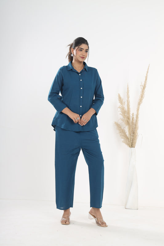 Classy Blue Khadi Co-ord Set by Srishti Textile Cord Set classy-blue-khadi-co-ord-set-shirt-pants-outfit