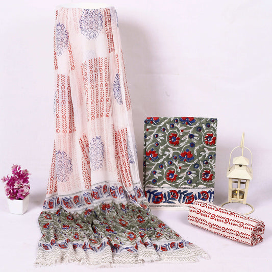 Srishti Textile Unstitched Cotton Suit with Comfortable Chiffon Dupatta Unstiched cotton Suit Dress Material comfortable-chiffon-dupatta-suit-floral-print-red-green-_1