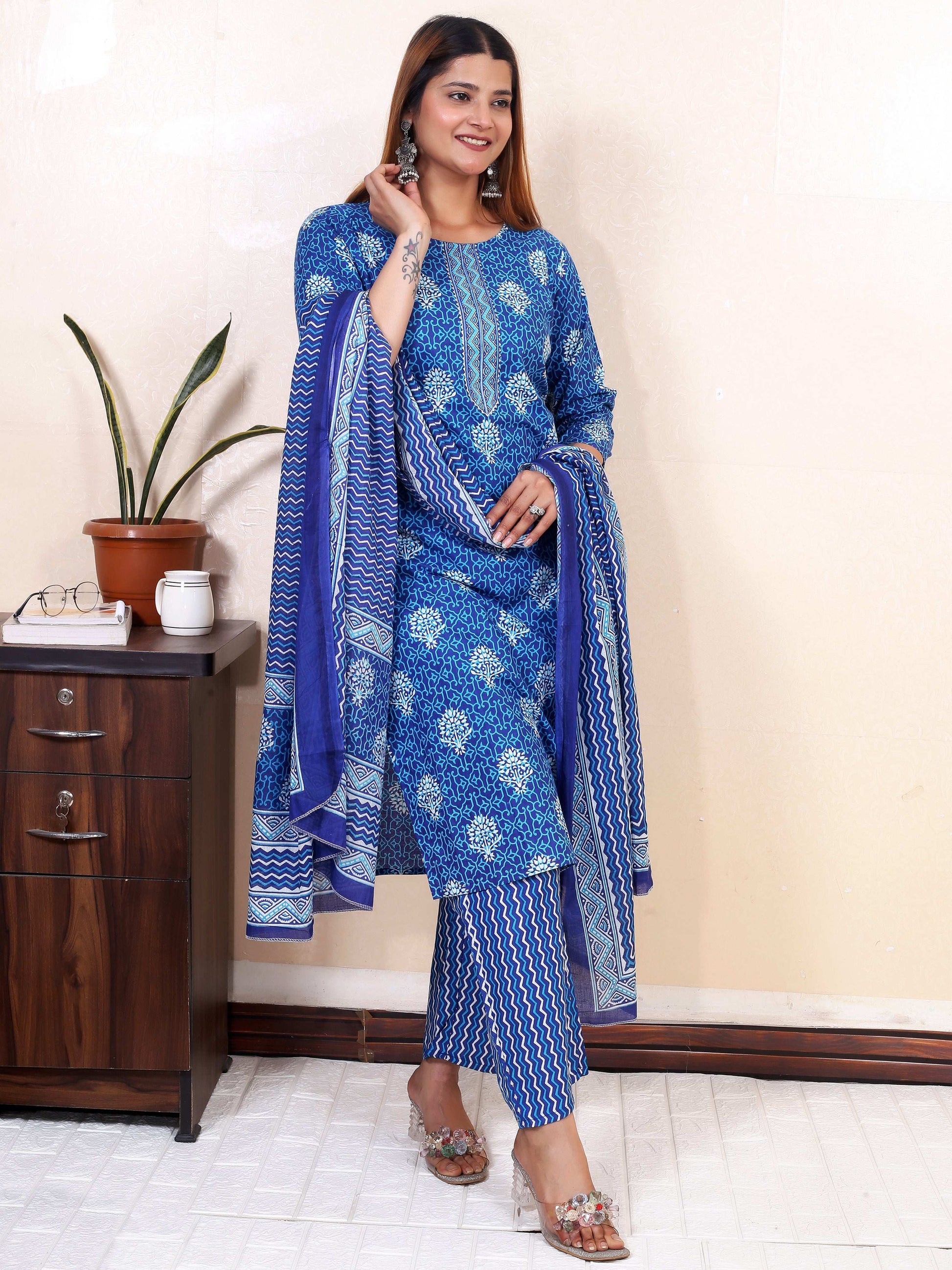 Srishti Textile Cotton Kurti with Mulmul Dupatta Kurti cotton-kurti-with-mulmul-dupatta-blue-printed-suit-_1