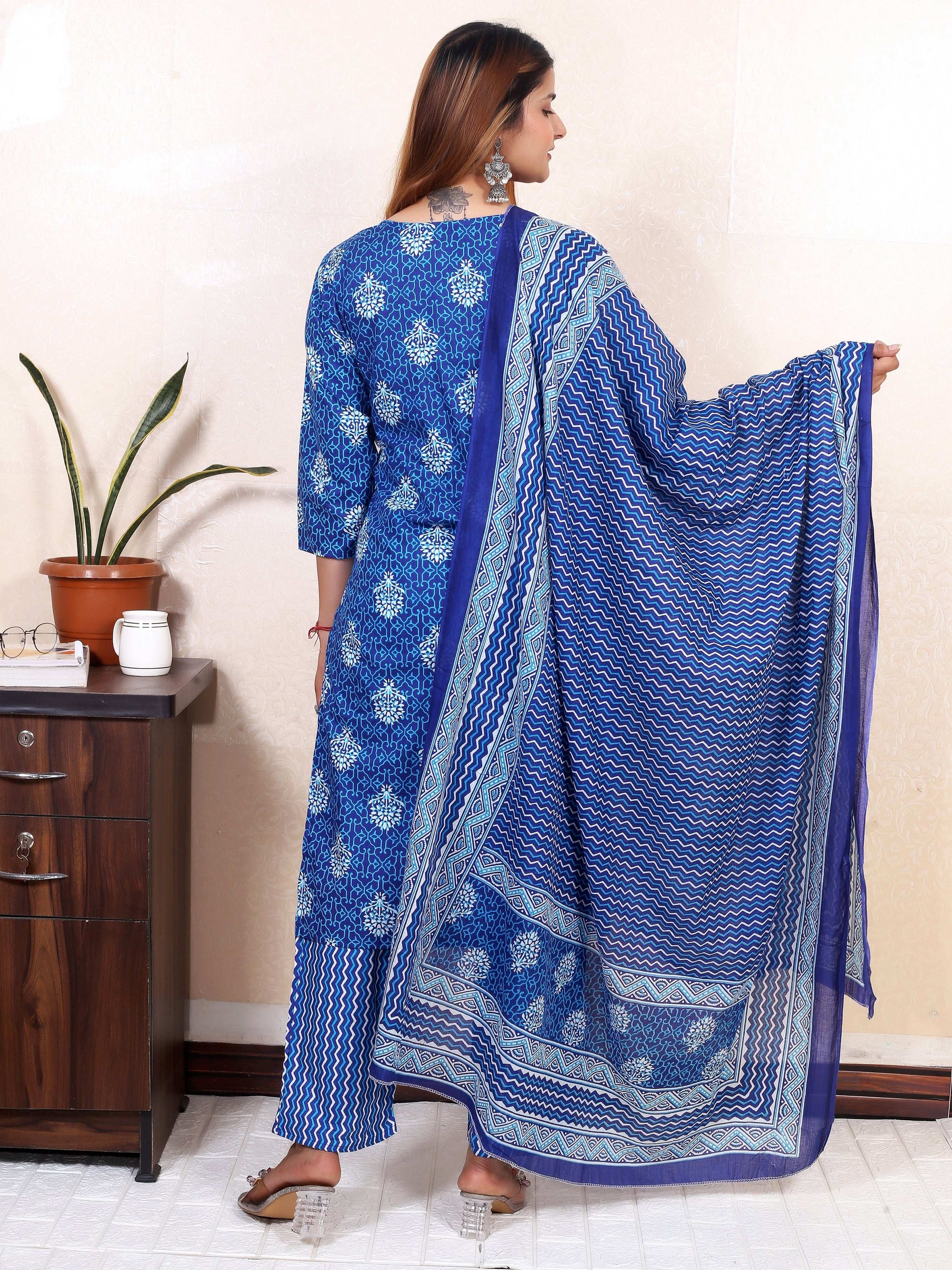 Srishti Textile Cotton Kurti with Mulmul Dupatta Kurti cotton-kurti-with-mulmul-dupatta-blue-suit-back-view-_5