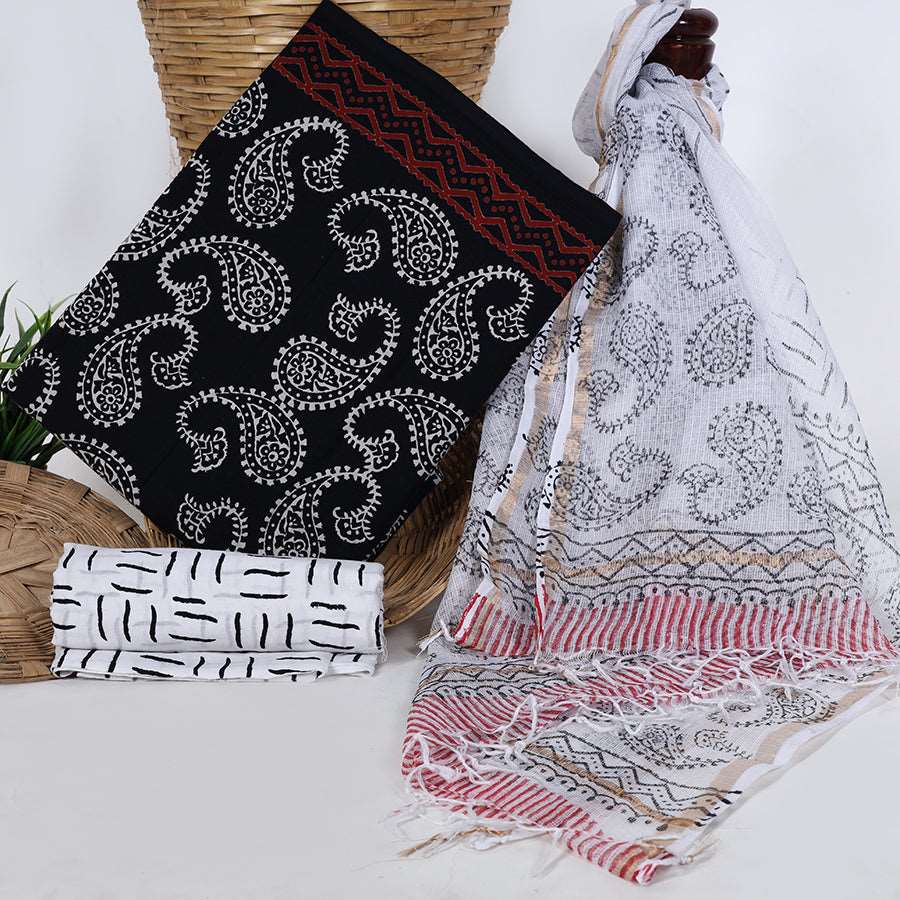 Black & White Unstitched Cotton Suit with Kota Doria Dupatta | 2.5 Mtr Bagru Handblock Print Design Unstiched cotton Suit Dress Material With Kota Doria Dupatta cotton-suit-black-and-white-unstitched-ethnic-patterns