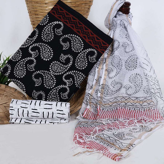 Black & White Unstitched Cotton Suit with Kota Doria Dupatta | 2.5 Mtr Bagru Handblock Print Design Unstiched cotton Suit Dress Material With Kota Doria Dupatta cotton-suit-black-and-white-unstitched-ethnic-patterns