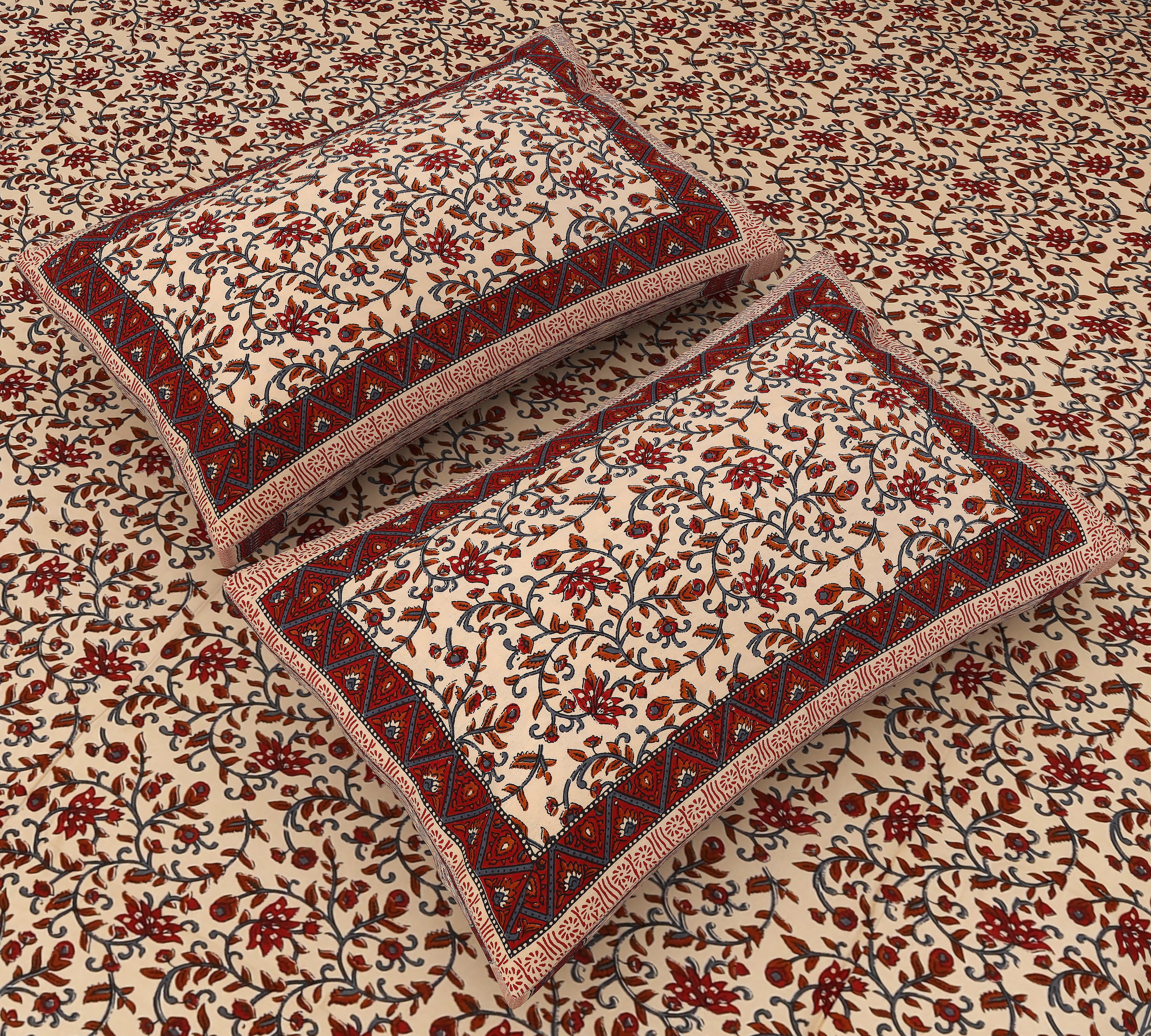 Jaipuri Kalamkari Delight: Red Floral Print King Size Cotton Bedsheet