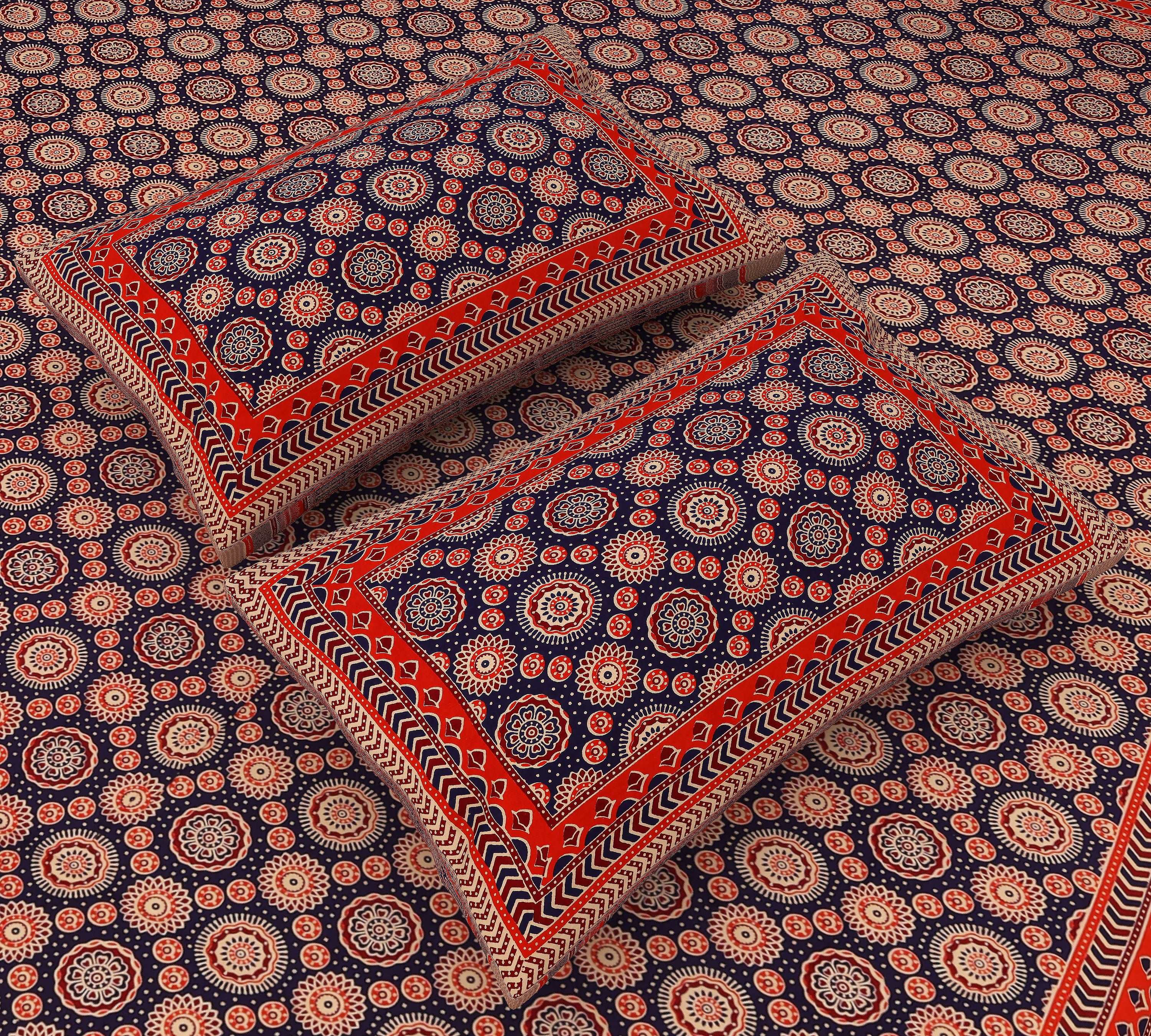 Jaipuri Azure: Geometric Ajrakh Printed King Size Cotton Bedsheet