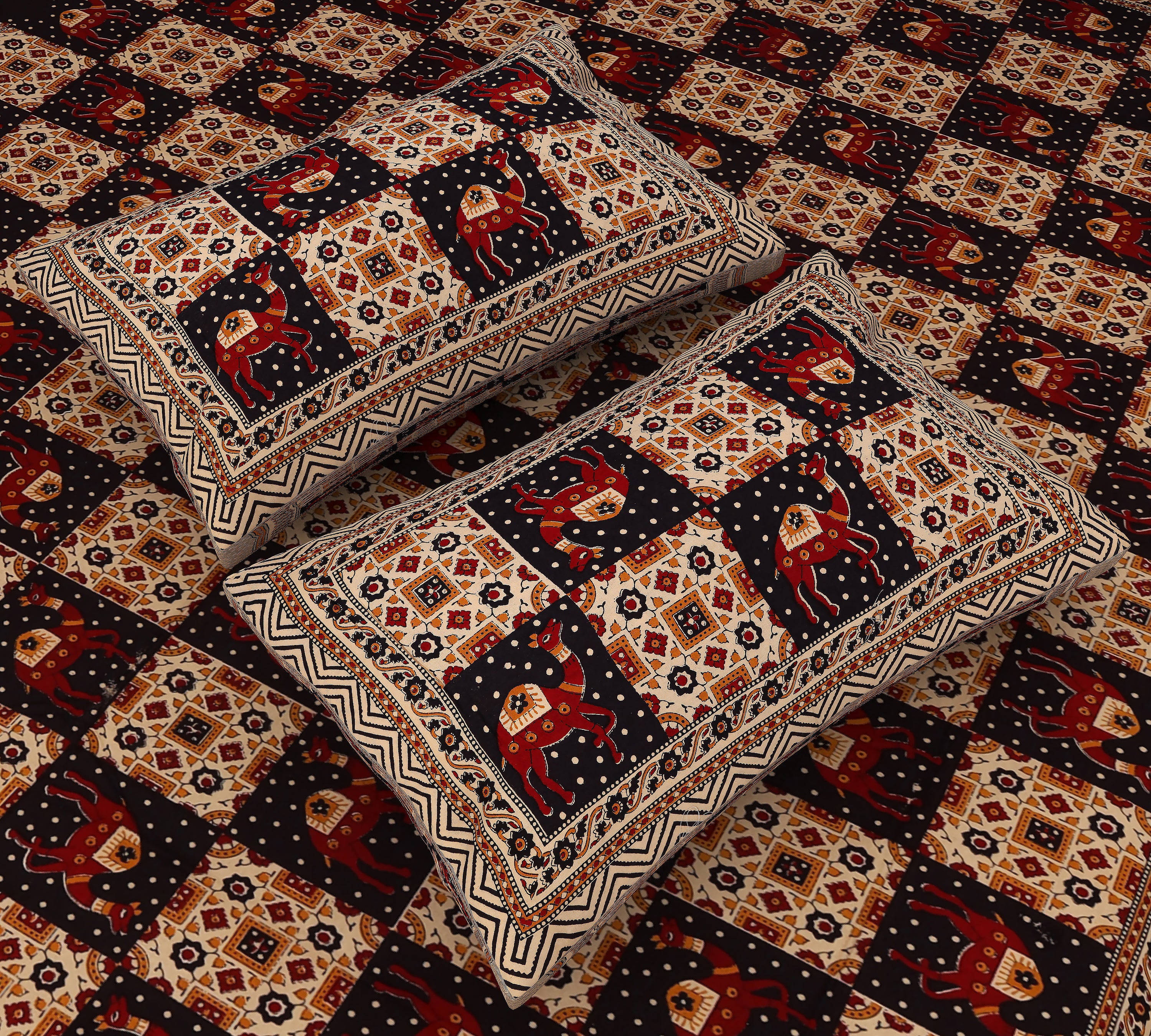 Rajasthani Tapestry: King Size Bagru Printed Bedsheet in Red and Black Cotton