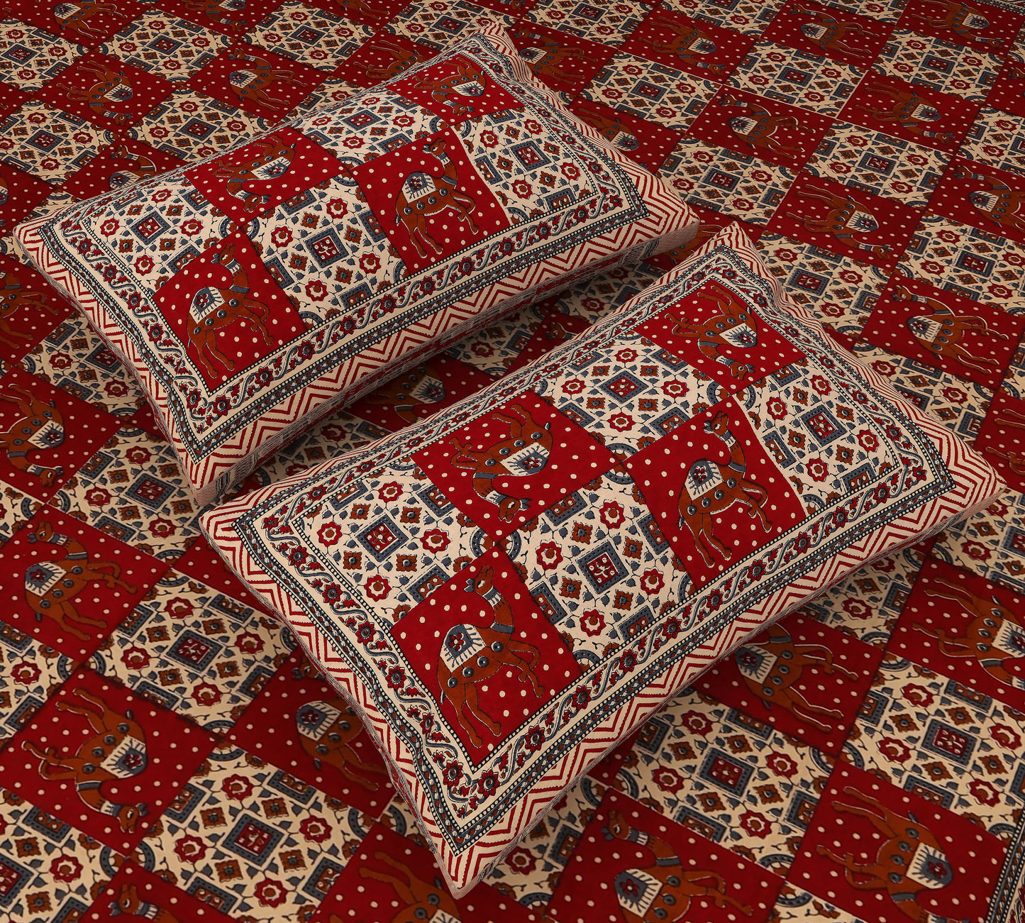 Rajasthani Splendor: King Size Bagru Printed Bedsheet in Red Cotton