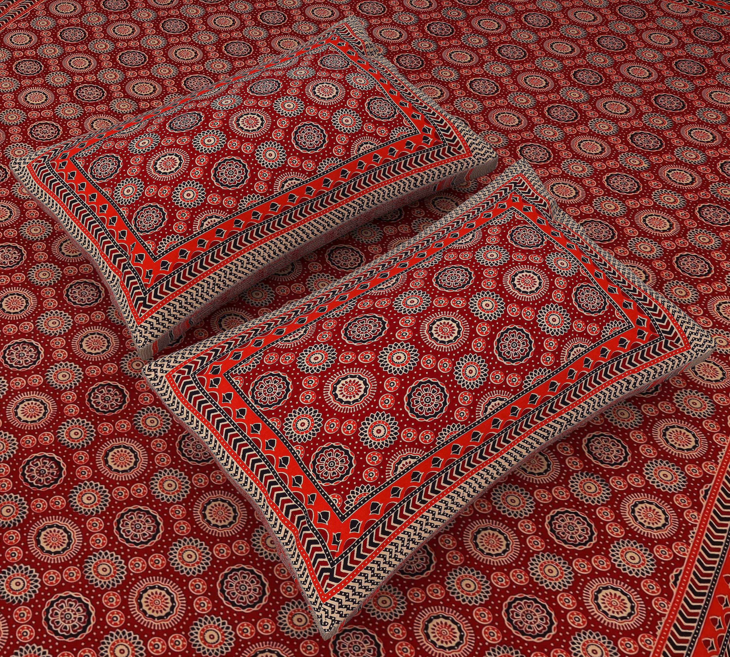 Ruby Geometry: King Size Ajrakh Printed Cotton Bedsheet in Red