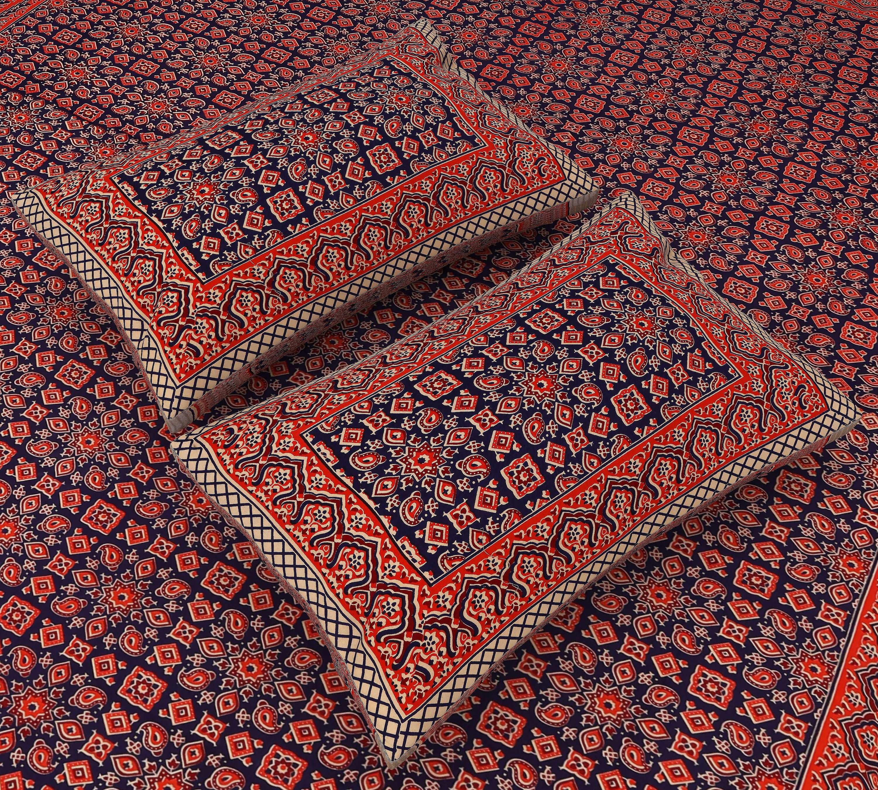 Jaipuri Charm: King Size Cotton Bedsheet with Blue Ajrakh Geometric Print