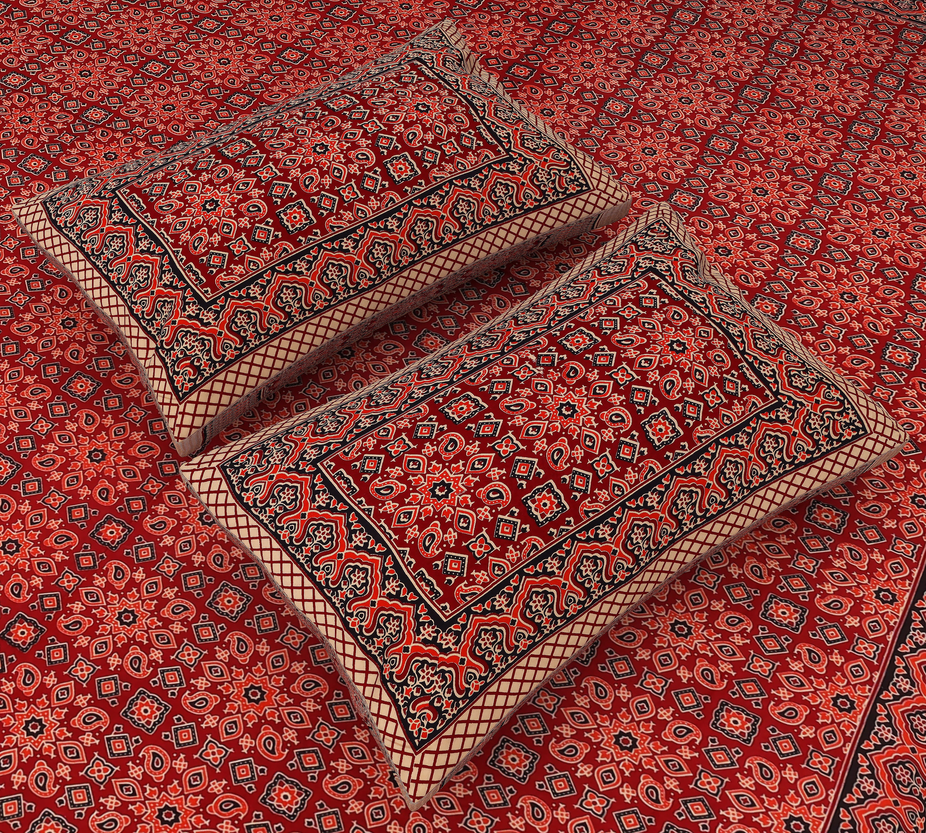 Jaipuri Geometry: Red King Size Bedsheet with Ajrakh Geometric Print