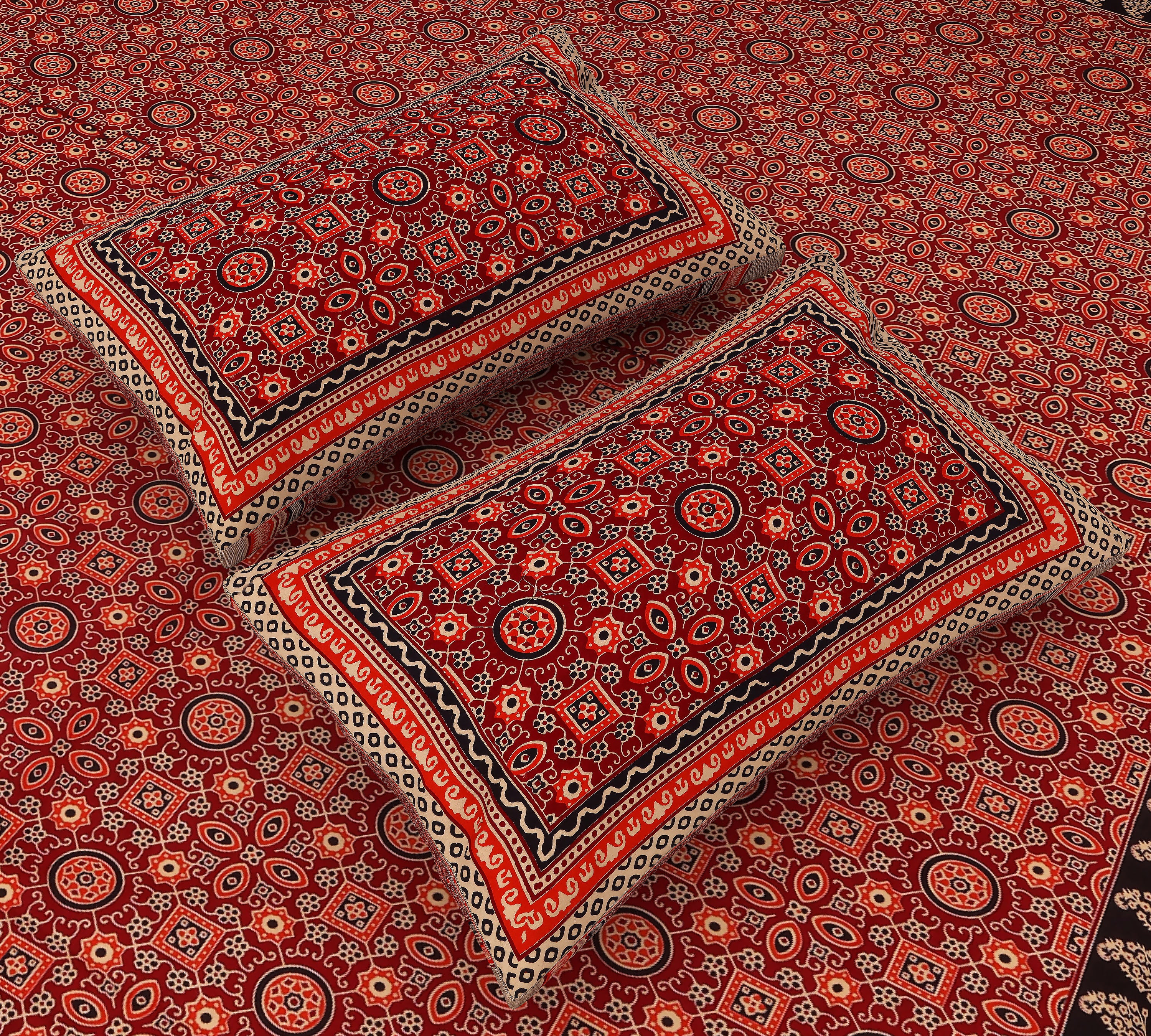 Maroon Mirage: King Size Ajrakh Printed Cotton Bedsheet with Geometric Design