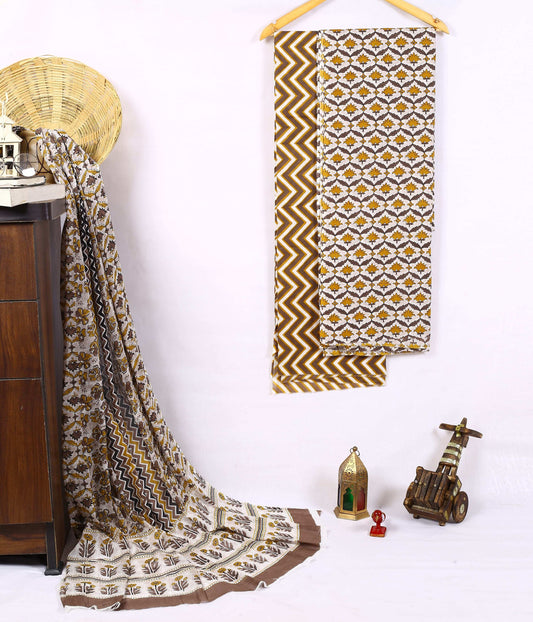 Srishti Textile Designer Cotton Suit Fabric - Unstitched Unstiched cotton Suit Dress Material designer-cotton-suit-fabric-geometric-pattern-brown-white-_1