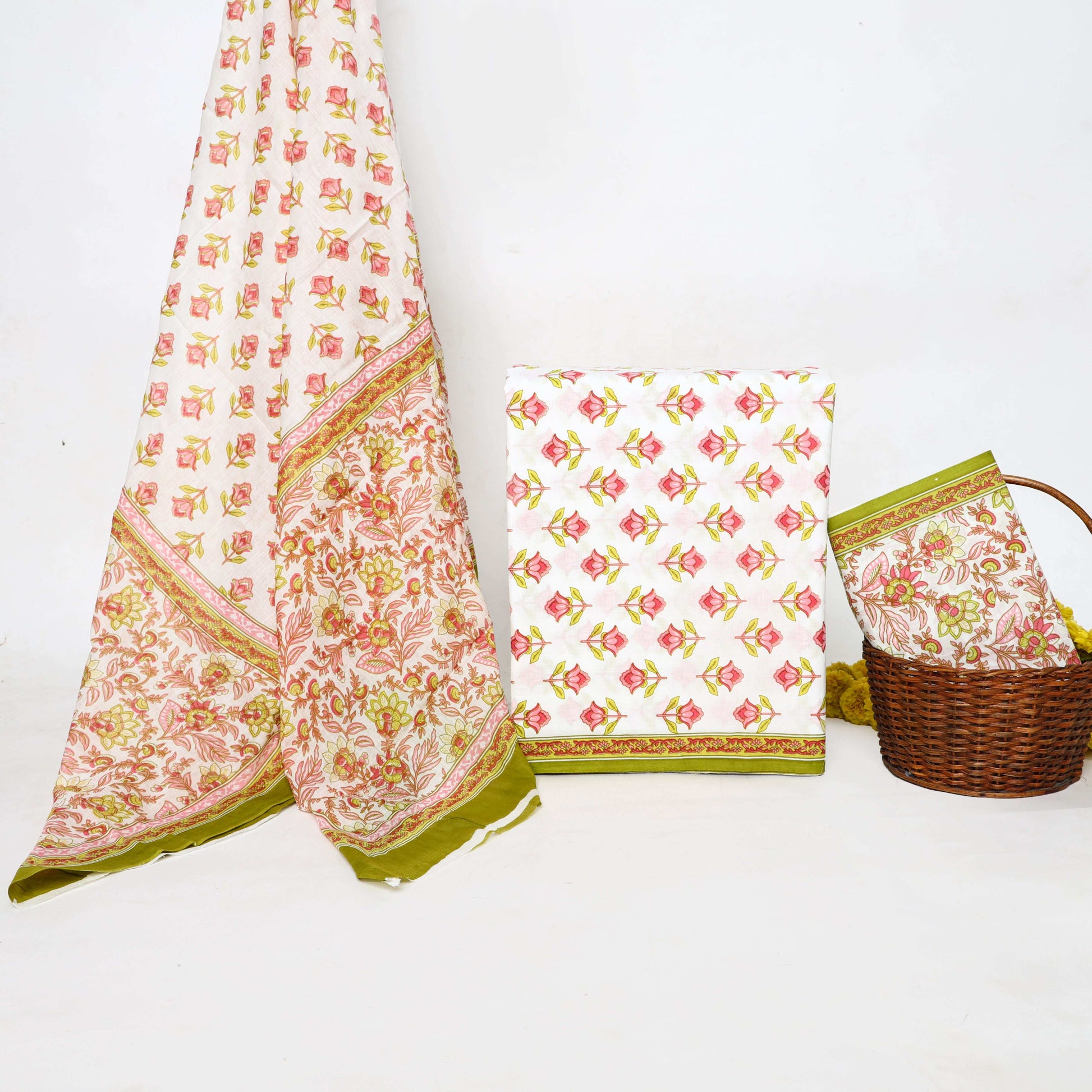 Srishti Textile Floral Booti Dress Fabric Suits Sanganeri Handblock Printed Suits floral-booti-dress-fabric-pink-green-pattern-4-piece-set-_1